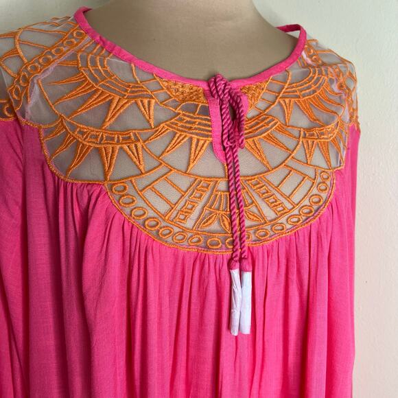 David Meister Peasant Top 1X Womens Plus Embroidered Relaxed Pink Orange Rayon - Picture 4 of 8